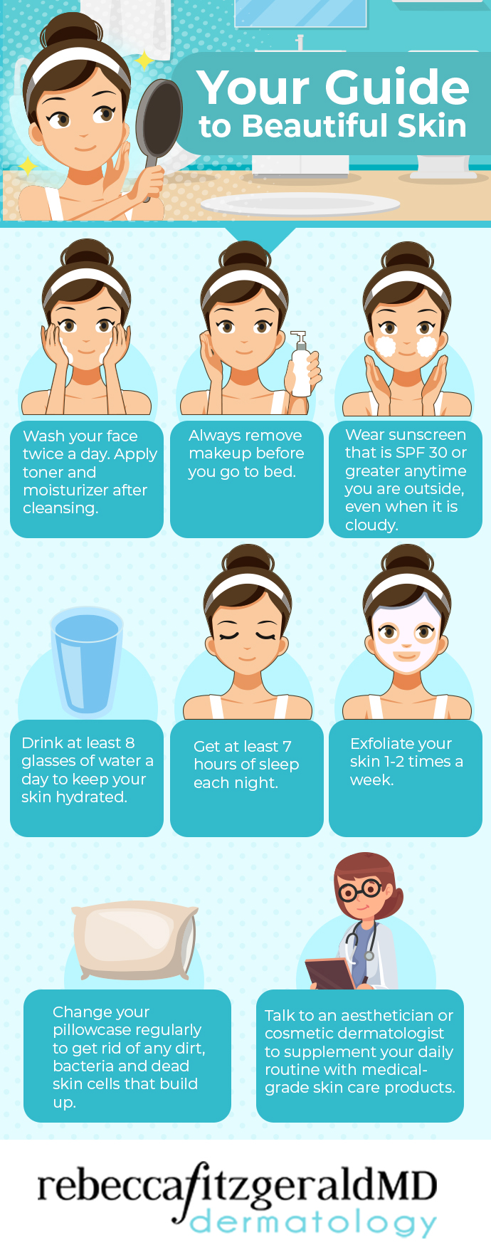 skin care infographic - wash your face morning and night; always remove makeup before going to bed, wear sunscreen daily, drink 8 glasses of water daily; get at least 7 hours of sleep, exfoliate skin 1 or 2 times a week, change pillowcase regularly